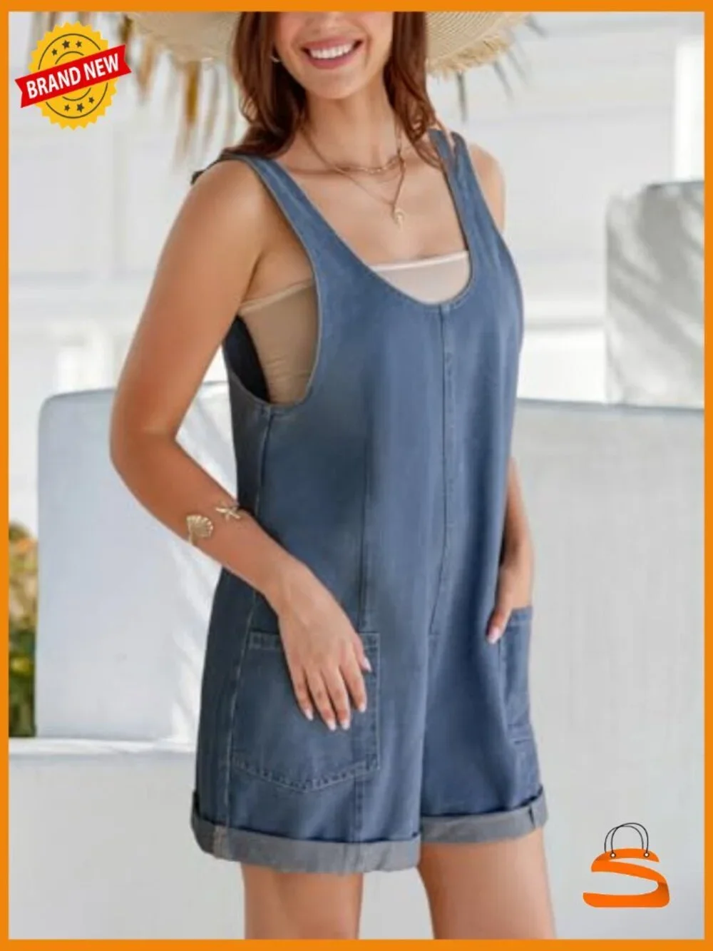 Sleeveless Denim Overalls Romper with Pockets Rolled Cuff Casual Summer